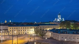 Helsinki Finland time lapse night city skyline at Helsinki Cathedral