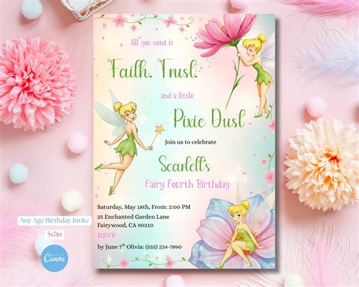 Tinkerbell Birthday Invitation Fairy Pixie Dust Party Invite Custom Canva Template Digitally Download Printable - Etsy