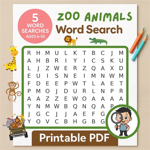 Zoo Animals Word Search Puzzle: 5 Printable Games (PDF) - Etsy