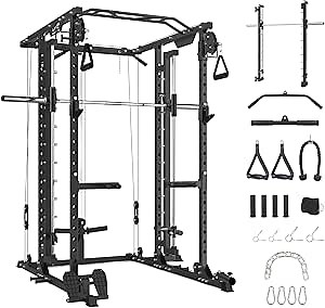 Hipicute Power Cage with Smithbar, 2000 Lbs Power Rack with Cable Crossover System, Multi-Functional Strength Training Squat Rack with LAT Pull Down System, Weight Cage Home Gym Equipment