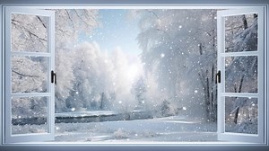 Winter landscape with falling snow, seen through an open window