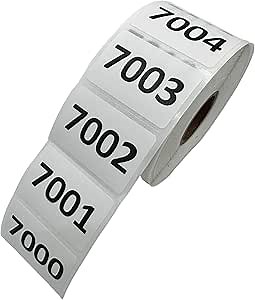 Three Dandelions Number Stickers, Inventory Labels - 1000 Numbers per roll 1½''x1'' - Self-Adhesive for Shipping, Distribution or Manufacturing (Number 7000-8000) White