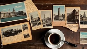 A collection of vintage postcards with handwritten messages on a wooden desk, featuring faded landmark images, alongside a cup of coffee and a pen, creating a nostalgic, artistic feel.