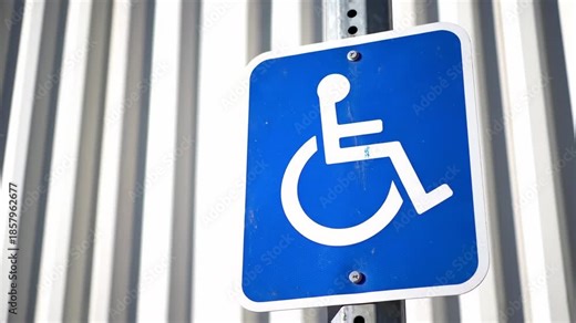 A blue and white handicap sign is mounted on a metal pole against a ribbed wall, indicating accessibility and parking for disabled individuals.