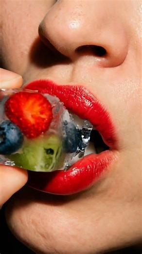 Clear jelly with fruit inside biting ASMR.