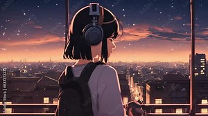 lofi anime girl watching sunset, cosmic sky animation, lofi animation, seamless looping, lofi, ambient animation, anime girl wearing headphones animation, lofi videos, calming videos, 4k