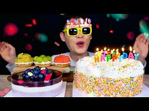 ASMR 봉길이 생일축하🎉대왕 생크림 케이크 블루베리무스케이크 생과일타르트 먹방! Bonggil's Birthday Cake Blueberry Jelly Cake MuKbang!