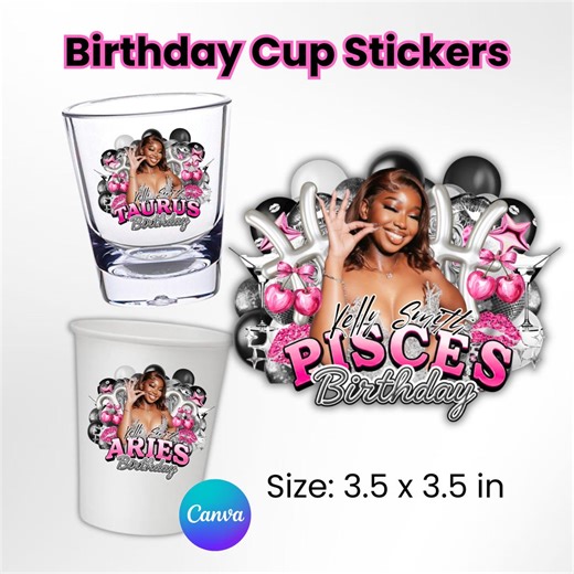 Styrofoam Cup Sticker Template, Pink Birthday Sticker Template All Zodiac Signs, Birthday Party Sticker Template Pink and Black Birthday Cup - Etsy