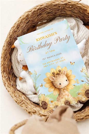 Watercolor Giraffe Birthday Invitation, Sunflower Safari Party Invite, Hand Drawn Jungle Theme, Editable Printable Template - Etsy