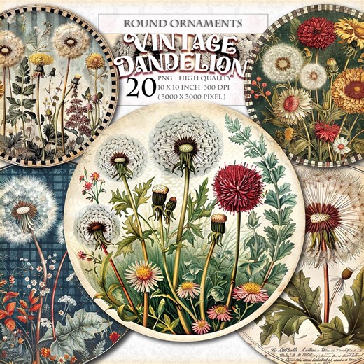 Vintage Dandelion Round Clipart, 20 PNG Botanical Wildflower Circles for Junk Journal Digital Ephemera and Floral Sublimation Design - Etsy