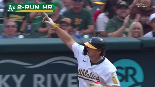 Athletics first baseman Nick Kurtz hits a two-run homer against the Kansas City Royals on Sunday at Sutter Health Park. | NBC Sports Bay Area / California