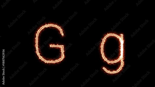 Fiery glowing capital and lowercase letter G animation on black background, burning alphabet typography effect for dramatic titles, intros, and logo design.