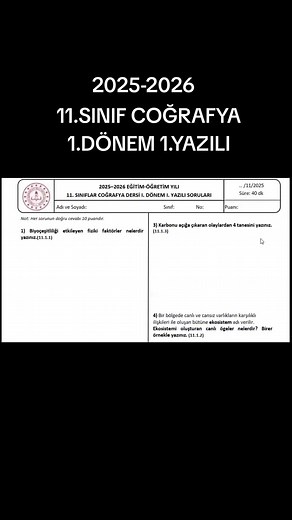 11. Sınıf Coğrafya 1. Dönem Yazılı Sınavı 2025-2026