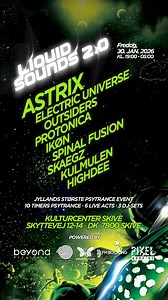 🔊🔥 KONKURRENCE 🔥🔊 VIND 2 BILLETTER til Liquid Sounds 2.0 i KulturCenter Skive fredag 30. januar 2026. Vi har skruet op for ALT til Jyllands Største Psytrance Event - skal du med?? FOR AT VINDE SKAL DU: ✔️ Like dette opslag ✔️ Skriv i kommantarfeltet hvor mange du har inviteret med! 🚨 OBS: Vinderen findes fredag 12. december og vil blive kontaktet i dette opslag. VÆR OPMÆRKSOM på falske profiler! I vil IKKE blive bedt om at klikke på links! Konkurrencen er hverken sponsoreret af eller associ