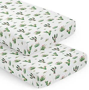 Sweet Jojo Designs Pink Green Cactus Floral Girl Baby Fitted Crib Sheet Set Nursery Soft Infant Newborn Fits Standard Mattress or Toddler Bed - 2pc - Boho Bohemian Watercolor Shabby Chic Desert