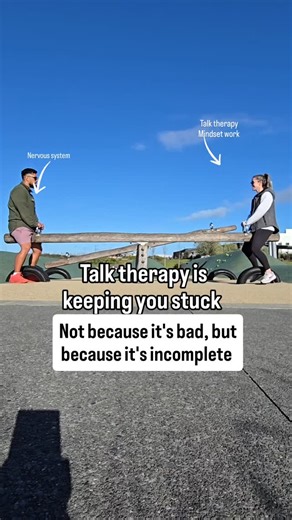 Emma Hopper | Emotional Regulation & Nervous System Expert on Instagram: "Let’s get real for a second 🫦 Talk therapy on its own? It’s like trying to move a seesaw from the top. Exhausting. Might get a little wobble, maybe. But no real shift. That’s what happens when your mind is working against a nervous system that’s still wired for survival. You’ll intellectualize, analyse, be able to logically comprehend it but the patterns stay the same. Now… bring the body onboard? Suddenly the sees