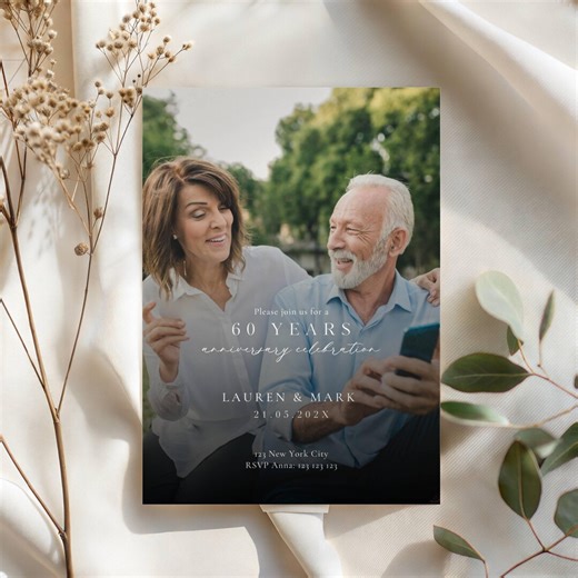 60th Wedding Anniversary Invitation: Photo, Picture, Modern Minimalist (editable Template) - Etsy