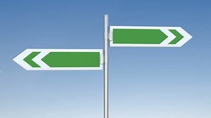 Direction signs rotate and stop. Loop ready animation of two rotating green road signs with black and white mask included.