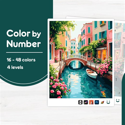 Canal With Bridge - Color by Number - Digital & Printable - 4 Levels - Etsy