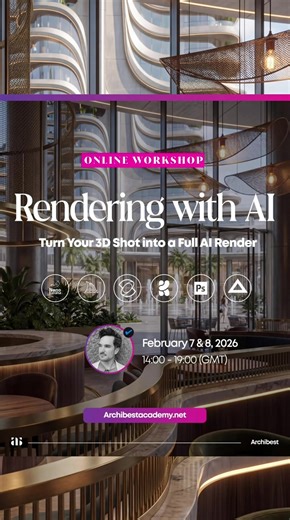 ONLINE AI WORKSHOP by MC Studios at: archibestacademy.net (LINK IN BIO)💥 Design project by @mcstudios.x Azure 2.0 👑 The AI CGI lead of @mcstudios.x, @kajetan_szostok will teach you how to use AI in interior design process ✨ more info below: Rendering with AI – From Screenshot to Story An advanced, practice-based workshop focused on how AI rendering is used in real architectural practice — from early concepts to client communication and high-pressure production workflows. 👤 Workshop Lead: Kaje