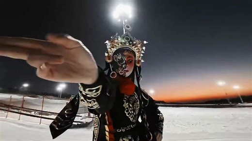 A performer in a full traditional Chinese opera costume just brought the secretive Bian Lian (face-changing) art straight to the ski slopes. When a burst of flame hits the snow, the moment becomes a real-life “song of ice and fire.” This centuries-old face-changing art from Sichuan Opera, traditionally used to show a character’s instantaneous emotional shift, looks just as spectacular on snow as it does on stage. | Xu Zeyu