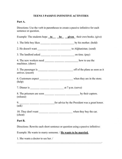 Passive infinitive worksheet