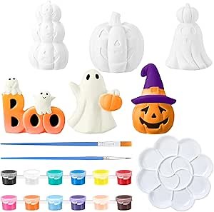 Beeveer 6 Pcs Halloween Ceramics to Paint Ceramics Pumpkin Boo Ghost Halloween Ready to Paint DIY Figurines Unpainted Crafts for Adult Party with Brush Palette