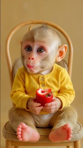 Baby Monkey Eats Giant Strawberry for the First Time 🍓 His Reaction Is Everything 😂 #shorts