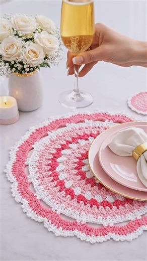 Marcia Ewald | Madame Crochet Official on Instagram: "Delicadeza que transforma a mesa em cenário de afeto. 🌸 O americano da Madame em rosa com branco nasceu pra quem ama detalhes, luz suave e aquele clima romântico que faz o momento ficar mais especial. — Madame Crochet EN✨ Soft pink crochet placemat pattern designed for elegant and romantic table decor. Create a cozy, timeless and handmade table with this PDF pattern. Instant download available — get the pattern via the link in bio and start 