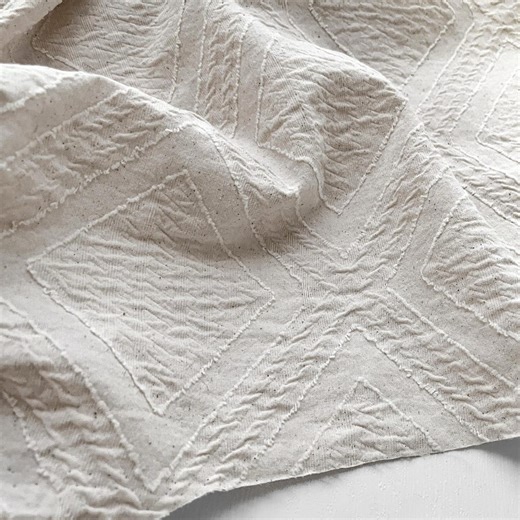Cream Plaid Texture Cotton Linen Fabric, Creative 3D Jacquard Diamond Weave, Artistic Design