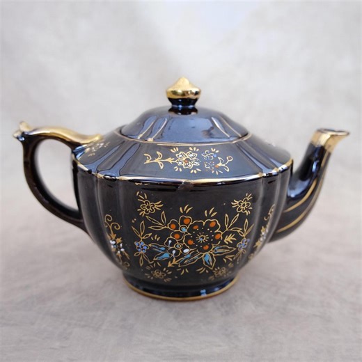 Vintage Japanese Black Floral Teapot, Gold Trim Ceramic Tea Pot, Mid Century Kitchen Decor - Etsy
