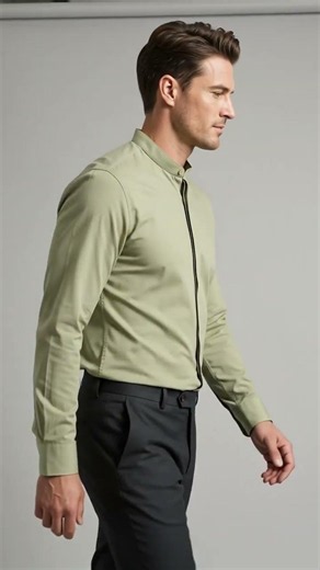 Men’s Tan Mandarin Collar Dress Shirt, Collarless Banded Collar Formal Preacher Shirt