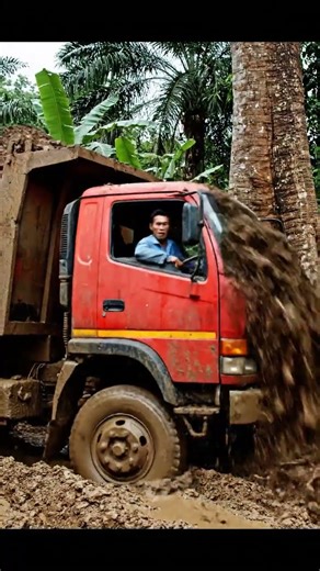 Dump Truck Gets Hopelessly Stuck in Deep Mud and Dumps Its Load!