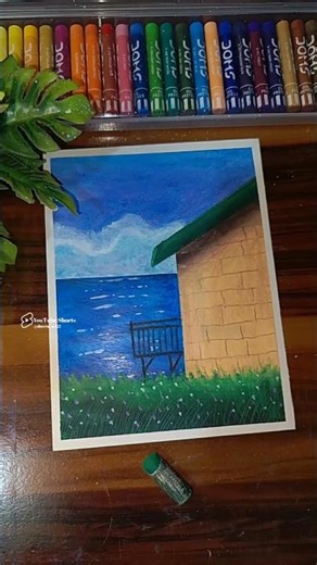 Relaxing Ocean House Drawing 🌊🏡 Oil Pastel Landscape #shorts #trending #shortsfeed