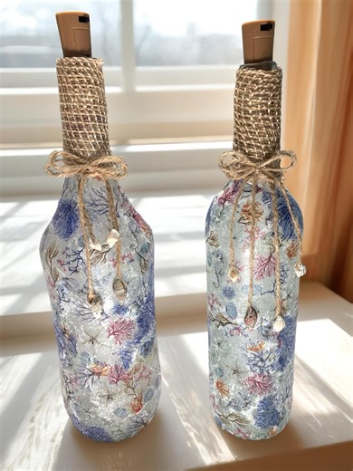 Decoupaged Coastal Light up Bottle: Seashell & Burlap Beach Decor - Etsy