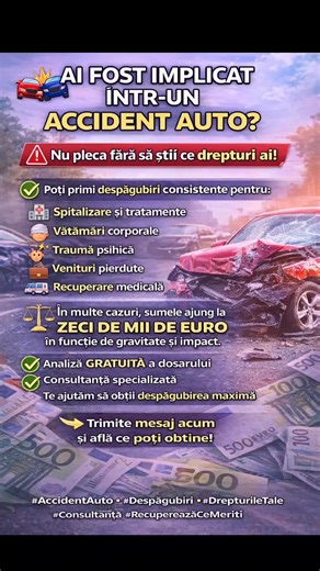 🚗💥 Ai fost implicat într-un accident auto? Lasa-ne un mesaj si analizam cu ce suma ai putea fi despagubit. #despagubiri #asigurare #accident #drepturiletale