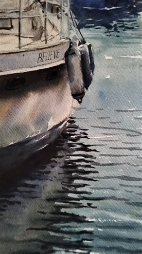 Marina Kalenova Diachkova | watercolor artist in Portugal on Instagram: "Now it's time to sign off on the work for 2026💫 Technically, this work was done yesterday, December 31, but I didn't have time to finish it. And I noticed the name of the boat when I was finishing it; it's beautiful⛵ Believe! Paper watercolor 28x38 #watercolorseascape #watercolourboat #reflectioninwatercolour"