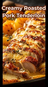 Creamy Roasted Pork Tenderloin with Potatoes A comforting, one-pan dinner with juicy seasoned pork baked in a creamy sauce and served with golden roasted potatoes. 📝 Ingredients For the Pork 1.5–2 lb pork tenderloin (or pork loin) 2 tbsp olive oil 1 tsp garlic powder 1 tsp onion powder 1 tsp paprika 1 tsp dried thyme (or Italian seasoning) Salt and black pepper, to taste For the Potatoes 1.5 lb baby potatoes, halved 2 tbsp olive oil Salt and black pepper ½ tsp paprika For the Cream Sauce 1 cup 