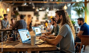 A busy café scene with people working on laptops and enjoying drinks.