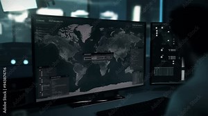 Modern tracking system collecting coordinates information. Tracking system gathers gps position information. Military tracking system processing the target location information. Analysis. Spy.