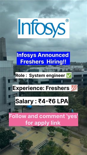 The Job Launchpad on Instagram: "Infosys Biggest Hiring Drive, Direct Hiring Announced ✅️ Role : System engineer ✅ Salary : ₹4-₹6 LPA Eligibility: Fresher Experience : Students can Apply Off campus hiring drive [ Off Campus hiring, Latest Jobs, Fresher Hiring, Fresher Jobs, Latest hiring Alert , IT jobs, Technical Jobs, Hiring club] Follow @thejoblaunchpad #techtrends #viral #trendingreels #tech #help"