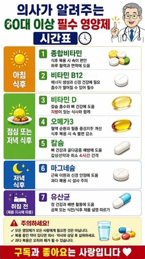 60대 이상 영양제 먹는 시간｜아침·점심·저녁 복용 순서 총정리 #60대영양제 #영양제시간표 #시니어영양제 #종합비타민 #오메가3 #칼슘 #마그네슘 #유산균 #영양제주의사항