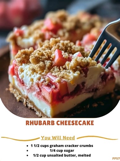 Rhubarb 🚠 Cheesecake Ingredients: For the crust: 1 1/2 cups graham cracker crumbs 1/4 cup sugar 1/2 cup unsalted butter, melted For the rhubarb layer: 2 cups chopped fresh rhubarb ..... Full Recipe in Coʍmеոτ 💬 📣 | Recipes Family Bites