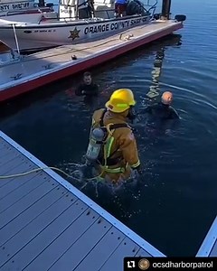Last week was the perfect week for training over at our harbor patrol station 🚤. Did you know that in addition to law enforcement 🚔, our Harbor Patrol is also trained in Marine Fire Fighting 🔥? The total weight of their turnout gear depends on the tools needed for the job, but typically weighs upwards of 45 pounds 😳. Learning how to self-rescue in the event they accidentally fall in the water while wearing full turnout gear is extremely important. Their survival is dependent upon the actions
