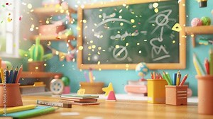 Detailed 3D render of a classroom scene with floating education icons such as pencils, rulers, and a chalkboard