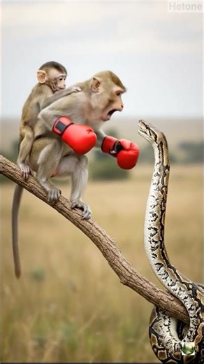 mother monkey protects baby from reticulated python