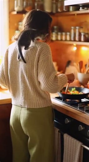 Kitten Climbs Owner's Back While Cooking!