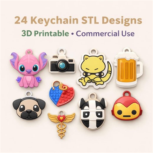 Keychain STL Files Bundle | 24 Printable 3D Keychain Designs | Cute & Fun Keyring STL Pack | Commercial Use - Etsy Australia