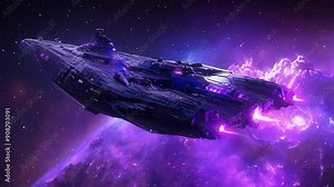 A deep-space alien battleship travels across a galactic starfield