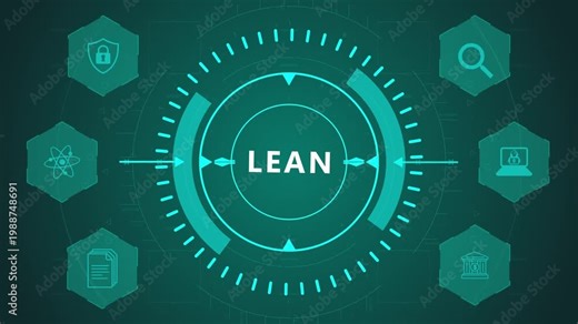 Lean Management Process Interface with Circular Workflow HUD and Efficiency Icons on Dark Digital Background Showing Continuous Improvement System